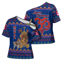 Nepal Christmas Cross Shoulder Shirt with Blue-Red Pattern, Hindu Chariot Scene, and Om Symbol Motif - Wonder Print Shop