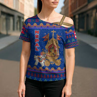 Nepal Christmas Cross Shoulder Shirt with Blue-Red Pattern, Hindu Chariot Scene, and Om Symbol Motif - Wonder Print Shop