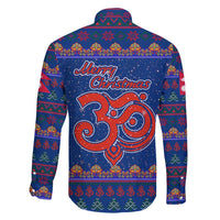 Nepal Christmas Family Matching Long Sleeve Bodycon Dress and Hawaiian Shirt with Blue-Red Pattern, Hindu Chariot Scene, and Om Symbol Motif - Wonder Print Shop