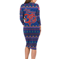 Nepal Christmas Family Matching Long Sleeve Bodycon Dress and Hawaiian Shirt with Blue-Red Pattern, Hindu Chariot Scene, and Om Symbol Motif - Wonder Print Shop