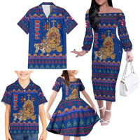 Nepal Christmas Family Matching Off The Shoulder Long Sleeve Dress and Hawaiian Shirt with Blue-Red Pattern, Hindu Chariot Scene, and Om Symbol Motif - Wonder Print Shop