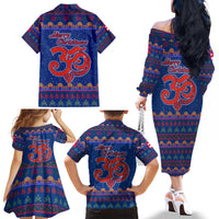 Nepal Christmas Family Matching Off The Shoulder Long Sleeve Dress and Hawaiian Shirt with Blue-Red Pattern, Hindu Chariot Scene, and Om Symbol Motif - Wonder Print Shop