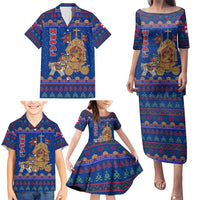 Nepal Christmas Family Matching Puletasi and Hawaiian Shirt with Blue-Red Pattern, Hindu Chariot Scene, and Om Symbol Motif - Wonder Print Shop