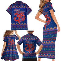 Nepal Christmas Family Matching Short Sleeve Bodycon Dress and Hawaiian Shirt with Blue-Red Pattern, Hindu Chariot Scene, and Om Symbol Motif - Wonder Print Shop