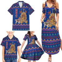 Nepal Christmas Family Matching Summer Maxi Dress and Hawaiian Shirt with Blue-Red Pattern, Hindu Chariot Scene, and Om Symbol Motif - Wonder Print Shop