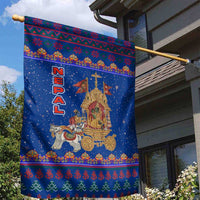 Nepal Christmas Garden Flag with Blue-Red Pattern, Hindu Chariot Scene, and Om Symbol Motif - Wonder Print Shop