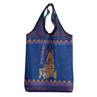 Nepal Christmas Grocery Bag with Blue-Red Pattern, Hindu Chariot Scene, and Om Symbol Motif - Wonder Print Shop