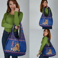 Nepal Christmas Grocery Bag with Blue-Red Pattern, Hindu Chariot Scene, and Om Symbol Motif - Wonder Print Shop