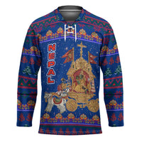Nepal Christmas Hockey Jersey with Blue-Red Pattern, Hindu Chariot Scene, and Om Symbol Motif - Wonder Print Shop