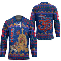 Nepal Christmas Hockey Jersey with Blue-Red Pattern, Hindu Chariot Scene, and Om Symbol Motif - Wonder Print Shop