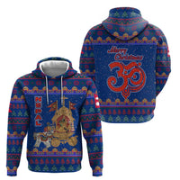 Nepal Christmas Hoodie with Blue-Red Pattern, Hindu Chariot Scene, and Om Symbol Motif - Wonder Print Shop