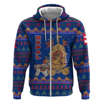 Nepal Christmas Hoodie with Blue-Red Pattern, Hindu Chariot Scene, and Om Symbol Motif - Wonder Print Shop