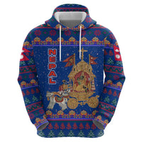 Nepal Christmas Hoodie with Blue-Red Pattern, Hindu Chariot Scene, and Om Symbol Motif - Wonder Print Shop