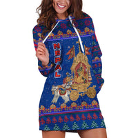 Nepal Christmas Hoodie Dress with Blue-Red Pattern, Hindu Chariot Scene, and Om Symbol Motif - Wonder Print Shop
