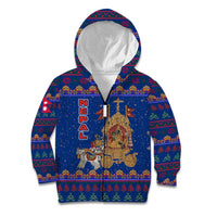Nepal Christmas Kid Hoodie with Blue-Red Pattern, Hindu Chariot Scene, and Om Symbol Motif - Wonder Print Shop