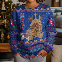 Nepal Christmas Kid Ugly Christmas Sweater with Blue-Red Pattern, Hindu Chariot Scene, and Om Symbol Motif - Wonder Print Shop