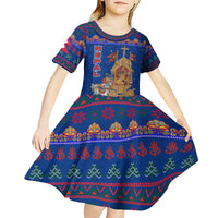 Nepal Christmas Kid Short Sleeve Dress with Blue-Red Pattern, Hindu Chariot Scene, and Om Symbol Motif - Wonder Print Shop