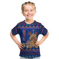 Nepal Christmas Kid T Shirt with Blue-Red Pattern, Hindu Chariot Scene, and Om Symbol Motif - Wonder Print Shop