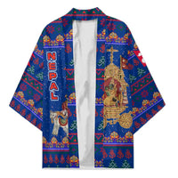 Nepal Christmas Kimono with Blue-Red Pattern, Hindu Chariot Scene, and Om Symbol Motif - Wonder Print Shop