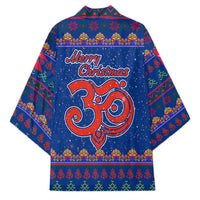 Nepal Christmas Kimono with Blue-Red Pattern, Hindu Chariot Scene, and Om Symbol Motif - Wonder Print Shop