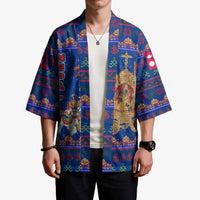 Nepal Christmas Kimono with Blue-Red Pattern, Hindu Chariot Scene, and Om Symbol Motif - Wonder Print Shop