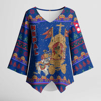 Nepal Christmas Kimono Sleeve Blouse with Blue-Red Pattern, Hindu Chariot Scene, and Om Symbol Motif - Wonder Print Shop
