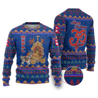 Nepal Christmas Ugly Christmas Sweater with Blue-Red Pattern, Hindu Chariot Scene, and Om Symbol Motif - Wonder Print Shop