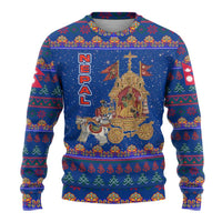 Nepal Christmas Ugly Christmas Sweater with Blue-Red Pattern, Hindu Chariot Scene, and Om Symbol Motif - Wonder Print Shop