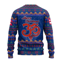 Nepal Christmas Ugly Christmas Sweater with Blue-Red Pattern, Hindu Chariot Scene, and Om Symbol Motif - Wonder Print Shop