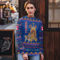 Nepal Christmas Ugly Christmas Sweater with Blue-Red Pattern, Hindu Chariot Scene, and Om Symbol Motif - Wonder Print Shop