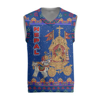 Nepal Christmas Knitted V-Neck Vest with Blue-Red Pattern, Hindu Chariot Scene, and Om Symbol Motif - Wonder Print Shop