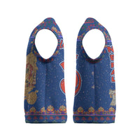 Nepal Christmas Knitted V-Neck Vest with Blue-Red Pattern, Hindu Chariot Scene, and Om Symbol Motif - Wonder Print Shop