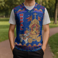 Nepal Christmas Knitted V-Neck Vest with Blue-Red Pattern, Hindu Chariot Scene, and Om Symbol Motif - Wonder Print Shop