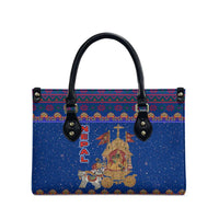 Nepal Christmas Leather Bag with Blue-Red Pattern, Hindu Chariot Scene, and Om Symbol Motif - Wonder Print Shop