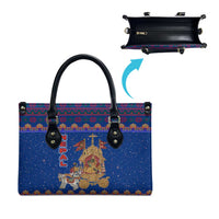 Nepal Christmas Leather Bag with Blue-Red Pattern, Hindu Chariot Scene, and Om Symbol Motif - Wonder Print Shop