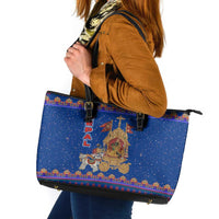 Nepal Christmas Leather Tote Bag with Blue-Red Pattern, Hindu Chariot Scene, and Om Symbol Motif - Wonder Print Shop