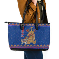 Nepal Christmas Leather Tote Bag with Blue-Red Pattern, Hindu Chariot Scene, and Om Symbol Motif - Wonder Print Shop