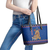 Nepal Christmas Leather Tote Bag with Blue-Red Pattern, Hindu Chariot Scene, and Om Symbol Motif - Wonder Print Shop