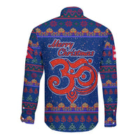 Nepal Christmas Long Sleeve Button Shirt with Blue-Red Pattern, Hindu Chariot Scene, and Om Symbol Motif - Wonder Print Shop