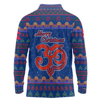 Nepal Christmas Long Sleeve Polo Shirt with Blue-Red Pattern, Hindu Chariot Scene, and Om Symbol Motif - Wonder Print Shop