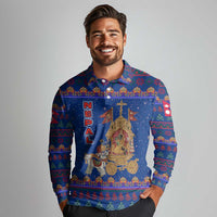 Nepal Christmas Long Sleeve Polo Shirt with Blue-Red Pattern, Hindu Chariot Scene, and Om Symbol Motif - Wonder Print Shop