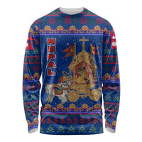 Nepal Christmas Long Sleeve Shirt with Blue-Red Pattern, Hindu Chariot Scene, and Om Symbol Motif - Wonder Print Shop