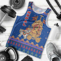 Nepal Christmas Men Tank Top with Blue-Red Pattern, Hindu Chariot Scene, and Om Symbol Motif - Wonder Print Shop