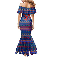 Nepal Christmas Mermaid Dress with Blue-Red Pattern, Hindu Chariot Scene, and Om Symbol Motif - Wonder Print Shop