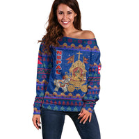 Nepal Christmas Off Shoulder Sweater with Blue-Red Pattern, Hindu Chariot Scene, and Om Symbol Motif - Wonder Print Shop