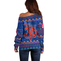 Nepal Christmas Off Shoulder Sweater with Blue-Red Pattern, Hindu Chariot Scene, and Om Symbol Motif - Wonder Print Shop