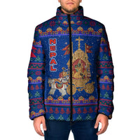Nepal Christmas Padded Jacket with Blue-Red Pattern, Hindu Chariot Scene, and Om Symbol Motif - Wonder Print Shop