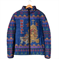 Nepal Christmas Padded Jacket with Blue-Red Pattern, Hindu Chariot Scene, and Om Symbol Motif - Wonder Print Shop