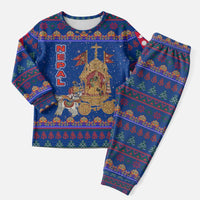 Nepal Christmas Pajama Set with Blue-Red Pattern, Hindu Chariot Scene, and Om Symbol Motif - Wonder Print Shop
