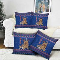 Nepal Christmas Pillow Cover with Blue-Red Pattern, Hindu Chariot Scene, and Om Symbol Motif - Wonder Print Shop